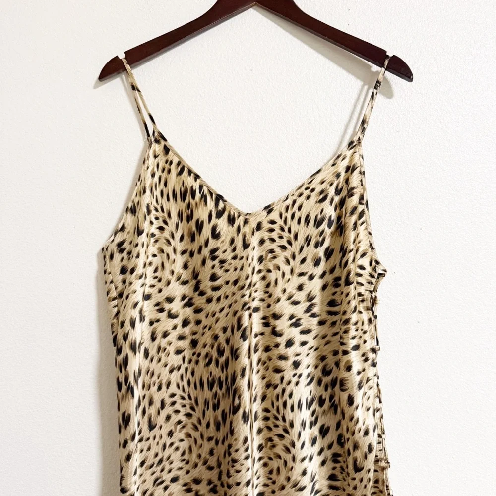 Secret Treasures Leopard Print Satin Lace Up Midi Slip Dress Chemise Nightgown